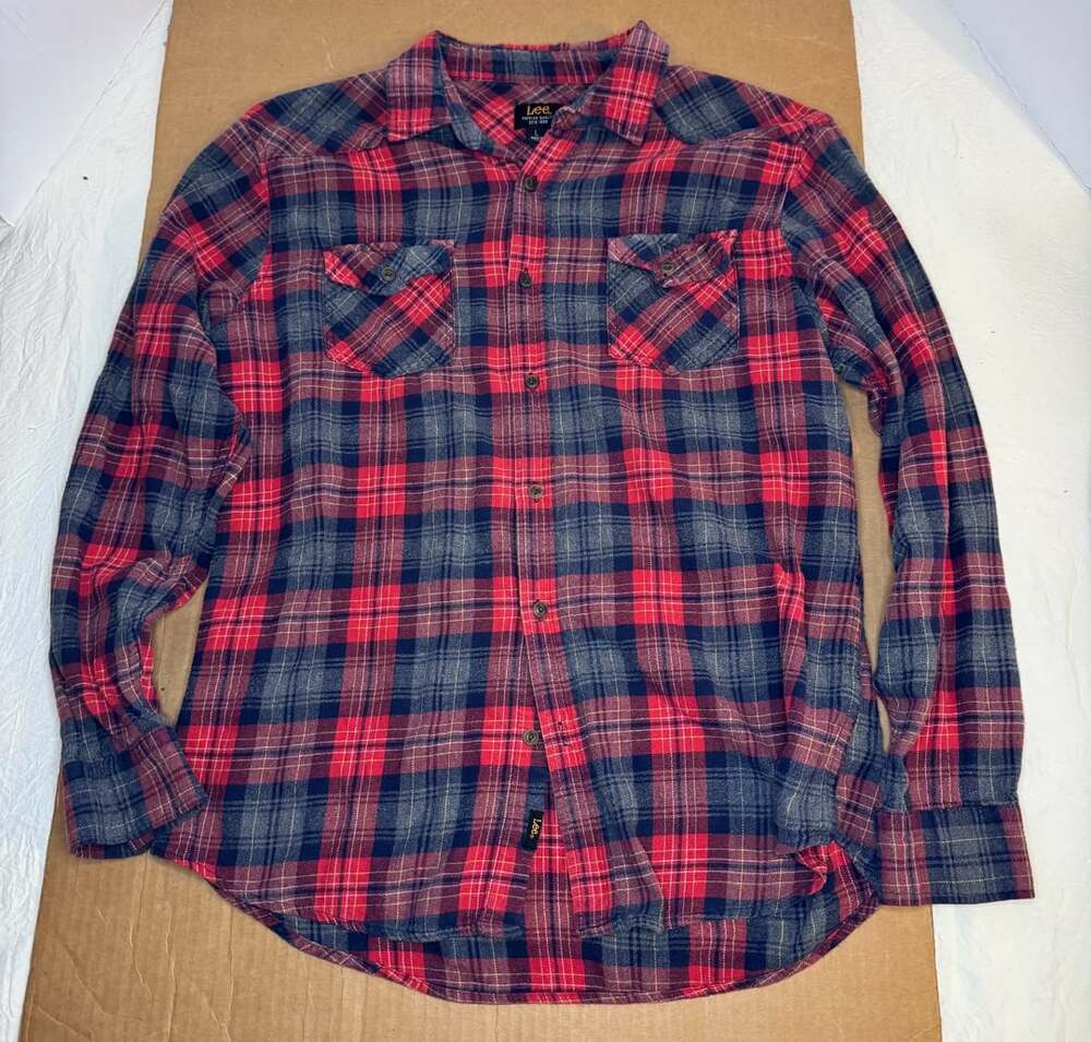 Lee Plaid Flannel Long Sleeve Button Down Shirt Size L Red Gray